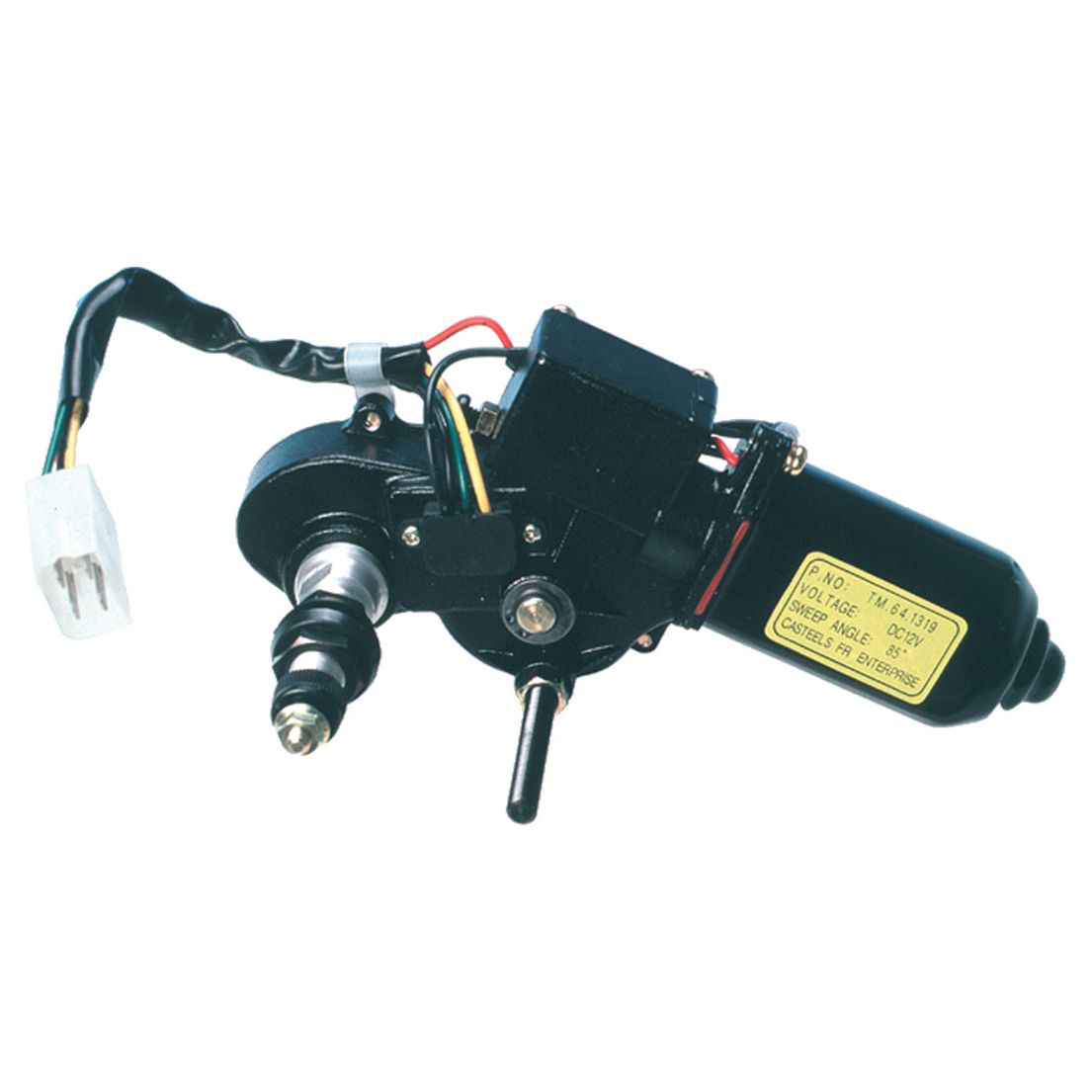 A black and silver mechanical device with wires, a motor, and a white connector plug attached. There is a yellow label with text on the motor casing indicating it's a Wiper Motor 12V | Sparex Part No.S.35457 compatible with Manitou MLT728.