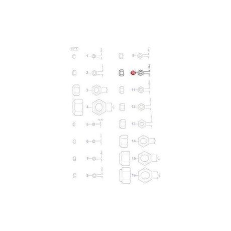 A technical drawing showcases various hexagonal nut and bolt configurations, each labeled with numbers and measurements, including an AGCO Massey Ferguson Nut 1/2 UNF Lock (353438X1) and other components, all arranged in a meticulous grid format.