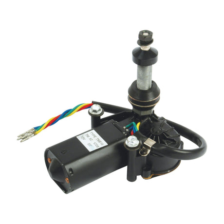 A 12V Sparex S.35464 wiper motor, featuring colorful wires, is mounted on a bracket with a threaded rod extending from the top and a label indicating model information.