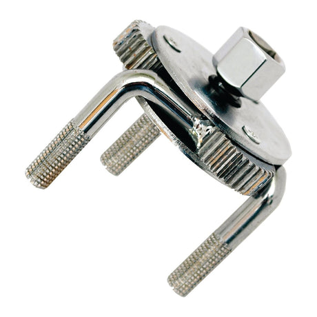 The Sparex Oil Filter Wrench (Part No. S.35493) is a three-jaw adjustable wrench with a metal body, designed to grip and remove oil filters of various sizes.