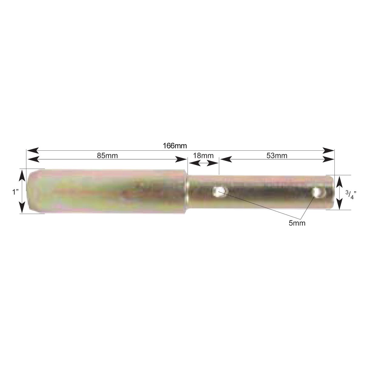 Here is a revised version of the sentence using the provided product data:

The Sparex Top Link Pin - Dual Category 19-25mm Cat.1/2 (Part No.S.3549) is a cylindrical metal rod with an overall length of 166mm, featuring a 1" diameter section for 85mm that includes a 5mm hole at the point positioned at 18mm from one end; in addition, it has a working length section of 53mm with a diameter of 3/4" and contains another hole measuring 5mm.