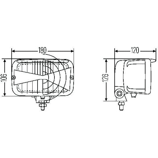 Technical drawing of a rectangular Sparex Halogen Head Light (Straight) - S.35509 with dimensions labeled: 180mm width, 106mm height from front view, and 120mm depth, 126mm height from side view.