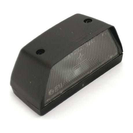 The Halogen Number Plate Light 12V - S.35540 by Sparex is a rectangular black plastic light housing with a clear lens cover, featuring two screw holes on the top, specifically designed for number plate illumination.