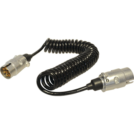 Introducing the Sparex Spiral Extension Cable 3.5M: a coiled black electrical cable with 7/7 pin male connectors on both ends, designed for 12/24V plug-in connections. Available as Sparex Part No.S.35549.