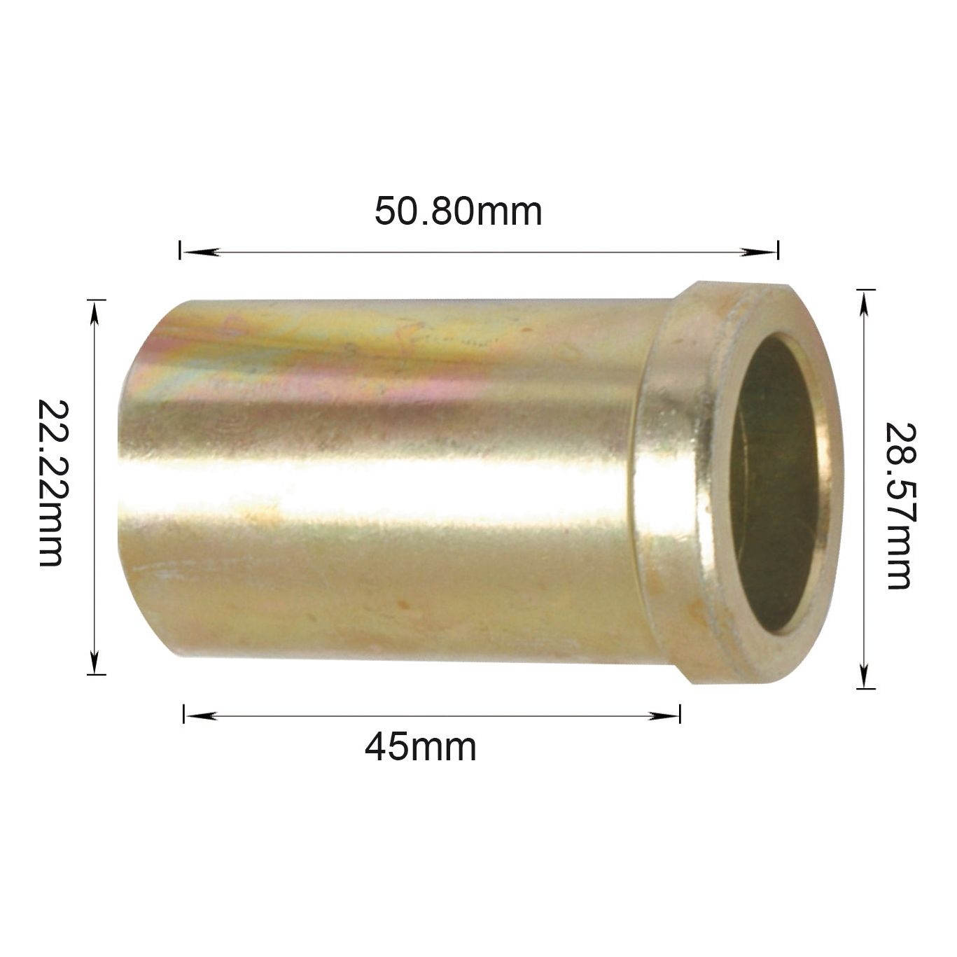 The Lower Link Conversion Bush (Cat. 2 to 1) - S.355 from Sparex is a cylindrical metal part with specific dimensions indicated by arrows: a length of 50.80mm, an inner diameter of 22.22mm, an outer diameter of 28.57mm, and a depth of 45mm.
