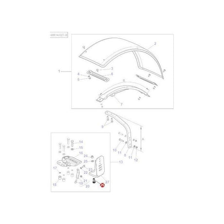 Exploded view diagram of AGCO Massey Ferguson 500 Series tractor parts, featuring a fender and related components. Parts are numbered and interconnected using bolts, screws, and brackets, including the Bolt Width Adjustment (F835700030050). A small inset diagram provides detailed assembly instructions.