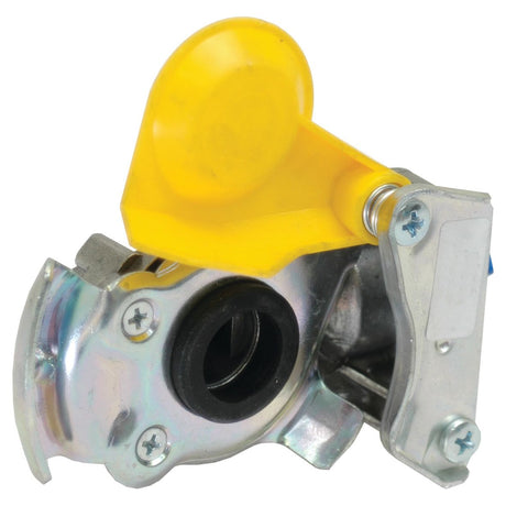 The Trailer Air Brake Coupling (Sparex Part No. S.35732) from Sparex is a metal mechanical component with a yellow plastic lever, screws, and a central black circular opening designed as an M22 x 1.5mm valve.