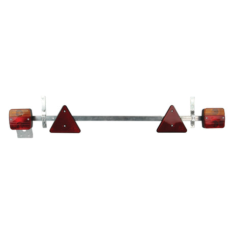 The Sparex Telescopic Lighting Bar (Halogen), adjustable from 0.9 to 1.6 meters, features two red triangular reflectors and two square amber lights, mounted with metal brackets. This 12V lighting bar is ideal for various applications and offers brake, tail, indicator, and number plate functions.