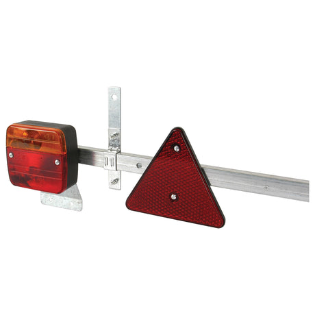 Image of the Sparex Telescopic Lighting Bar (Halogen) measuring 0.9 - 1.6m and featuring a red triangular reflector, red and amber halogen lights for brake, tail, indicator, and number plate functions, all mounted on a sturdy metal frame. Product Code: S.35800, 12V.