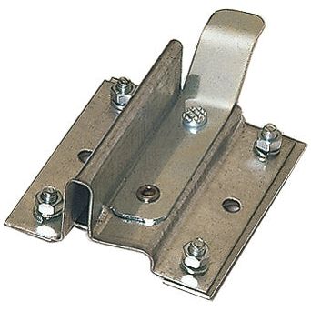 The Sparex Warning Plate Bracket (LH), Part No. S.35814, is a metallic bracket featuring a central curved channel, secured with screws and nuts, and has an upward-extending vertical tab.