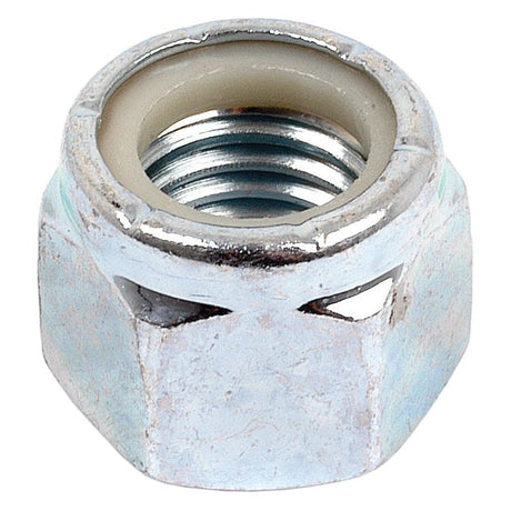 The Imperial Self Locking Nut from Sparex (Part No.S.3586) features a hexagonal metal design with internal threading, a white nylon insert, and a zinc-plated finish. It is specified at 1/4'' UNC (DIN 985) with a tensile strength of 8.8 for secure fastening.