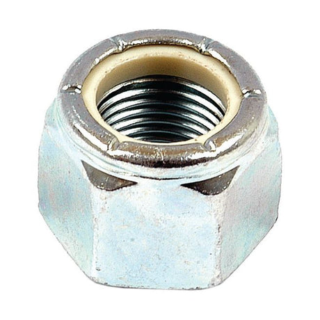 Close-up of the Sparex Imperial Self Locking Nut, size 5/16" UNF (Din 985) with a tensile strength rating of 8.8 - S.3587, featuring a nylon insert often used in securing braided copper wire to prevent loosening in mechanical applications.