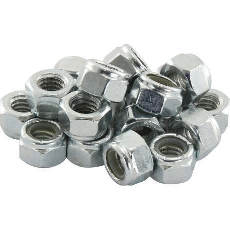 A collection of Imperial Self Locking Nuts, zinc-plated silver, hexagonal in shape with internal threading, typically used with bolts for fastening; Size: 5/16'' UNC (Din DIN 985) | Sparex Part No.S.3588 from the brand Sparex.