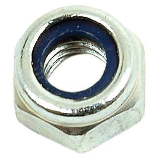 A close-up of a Sparex M6 hexagonal Metric Self Locking Nut, featuring a blue nylon insert for locking purposes and zinc-plated for added durability; product code S.3589 and adhering to DIN 985 standards.