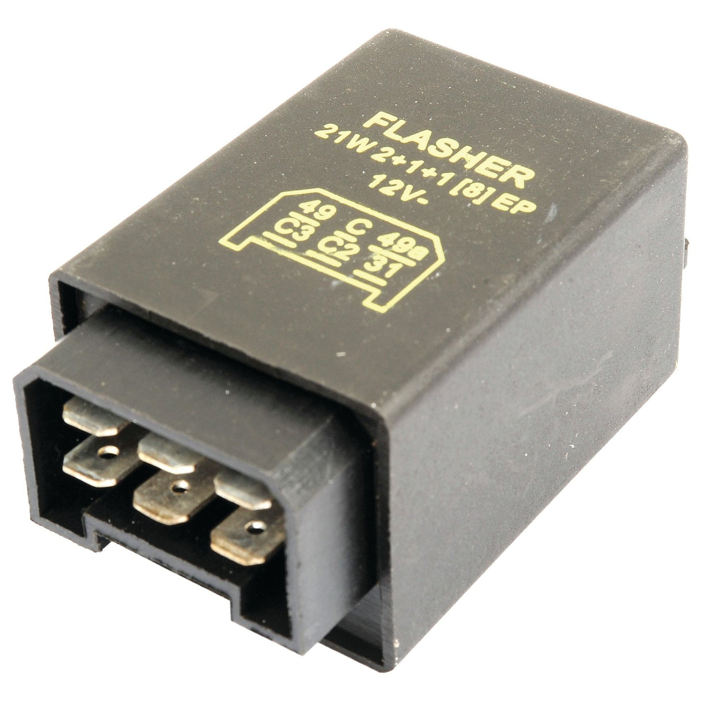 The Indicator Unit (Sparex Part No. S.35900) by Sparex is a black automotive flasher relay, commonly used in Fiat and Case IH vehicles, featuring clearly labeled electrical terminals and printed specifications: "FLASHER 21W*2±1*1/8(EP) 12V".