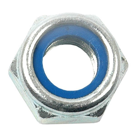 Introducing the Sparex Metric Self Locking Nut (Part No. S.3590), featuring an M8x1.25mm metric coarse thread and a metallic hexagonal design with a blue inner ring for securing bolts. It is zinc plated for enhanced durability and corrosion resistance.