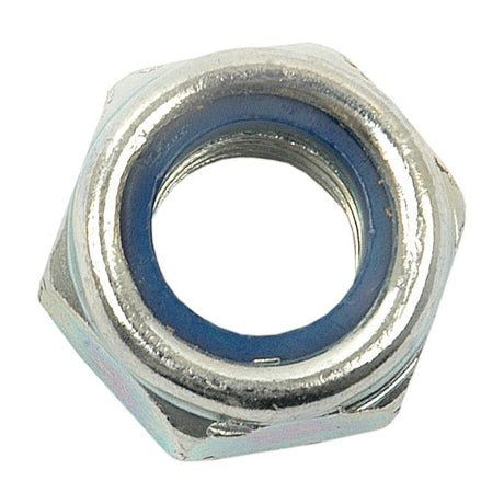 A zinc-plated hexagonal metal nut, featuring a blue inner ring and labeled as an M12x1.75mm metric self-locking nut (Sparex Part No.S.3592), is shown against a white background.