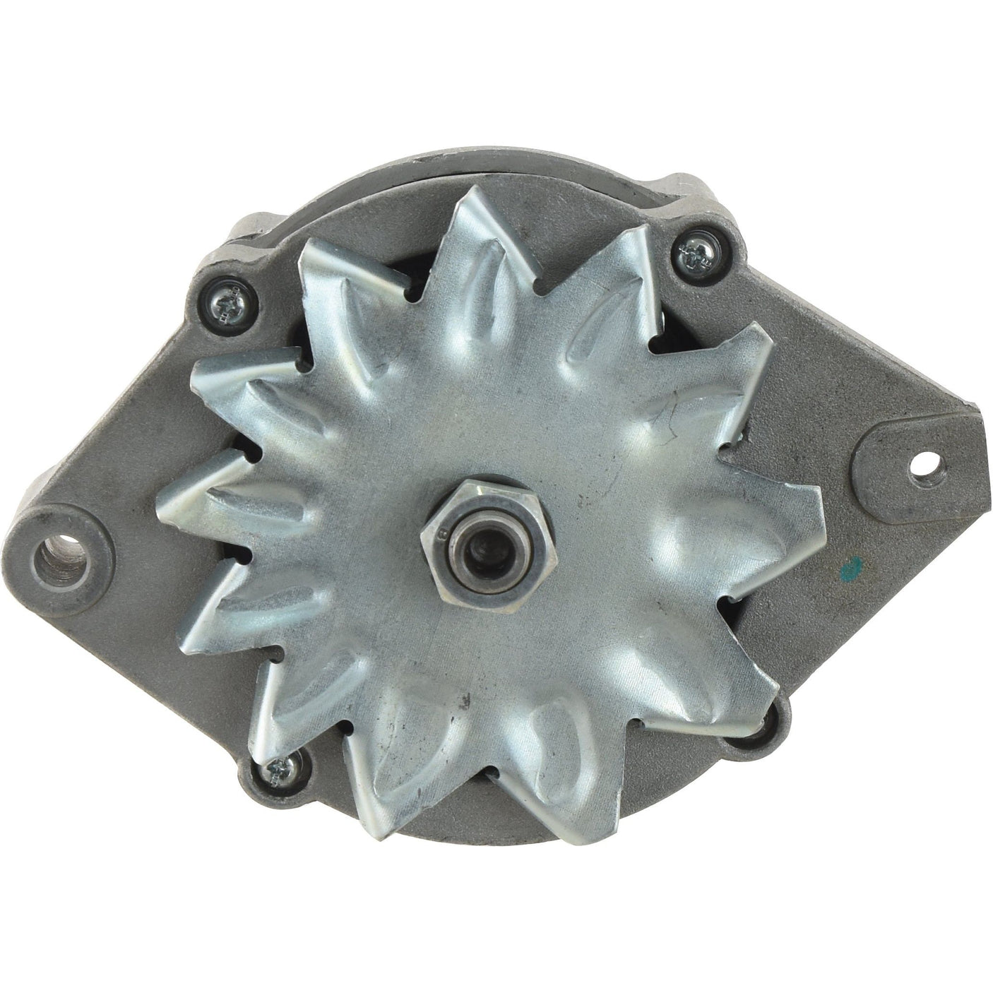 A 12V, 65 Amps Alternator (Sparex) - Sparex Part No. S.359351, featuring a fan-like design and visible bolts at the center and edges, similar to those found in John Deere machinery.