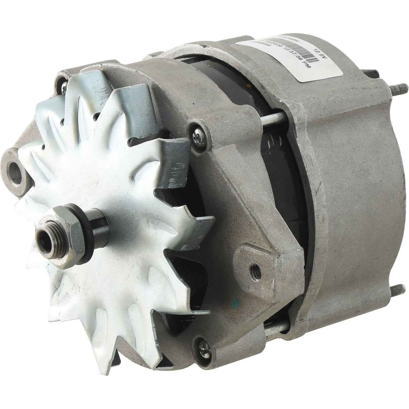 A close-up image of the Alternator (Sparex) - 12V, 65 Amps with a silver housing and multiple protruding bolts. Designed for John Deere equipment, this Sparex Part No. S.359351 alternator features a fan-like component at one end.