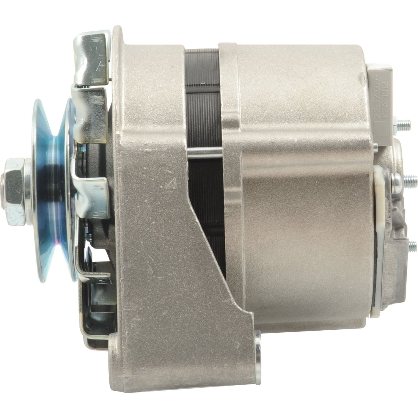 Side view of a Sparex silver automotive alternator (Sparex Part No. S.359400, weight: 4.68kg) with a single groove pulley attached.