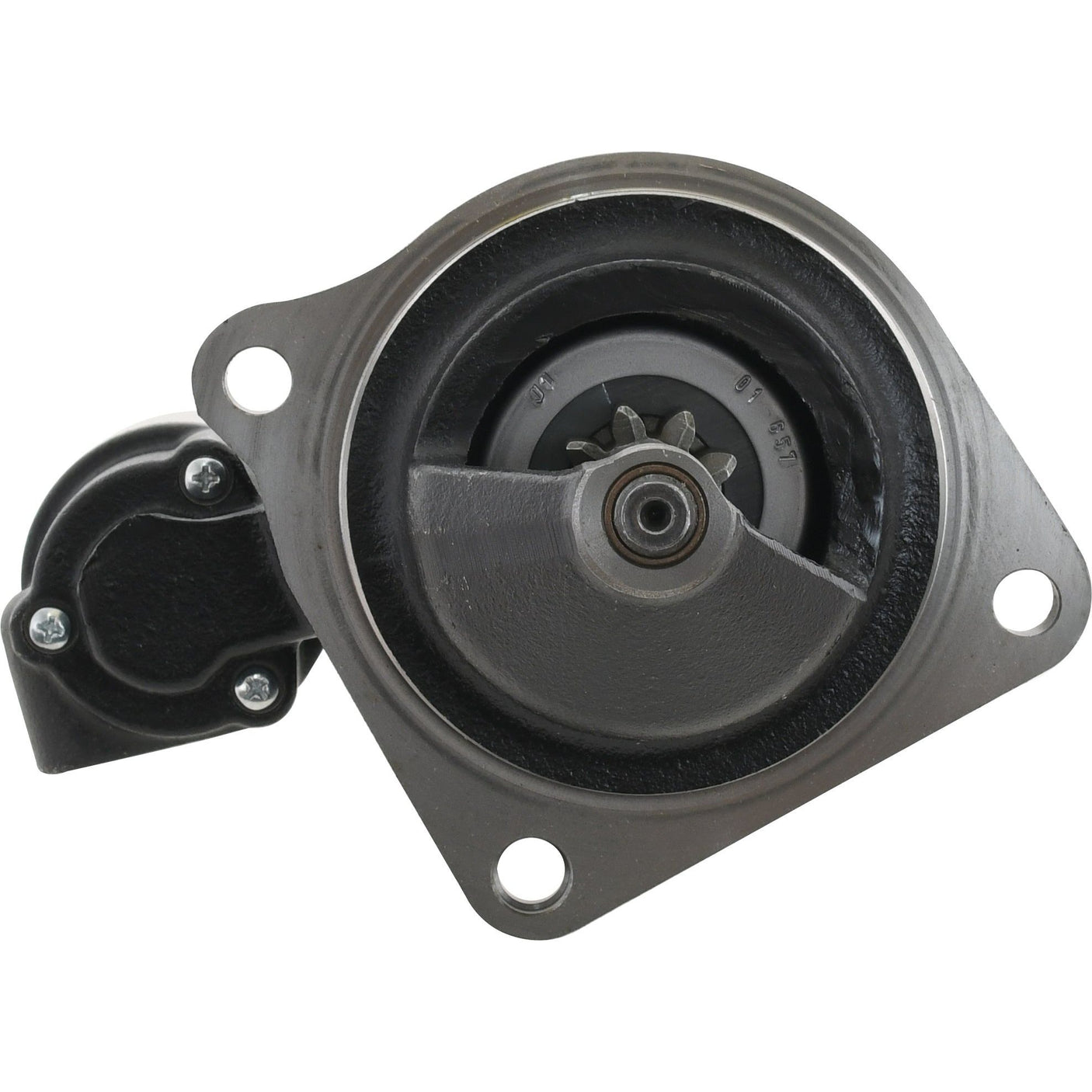 Close-up view of the Sparex Starter Motor - 12V, 3Kw (Mahle) with a metallic mechanical component featuring a circular central section, multiple holes for mounting, and an attached black casing.