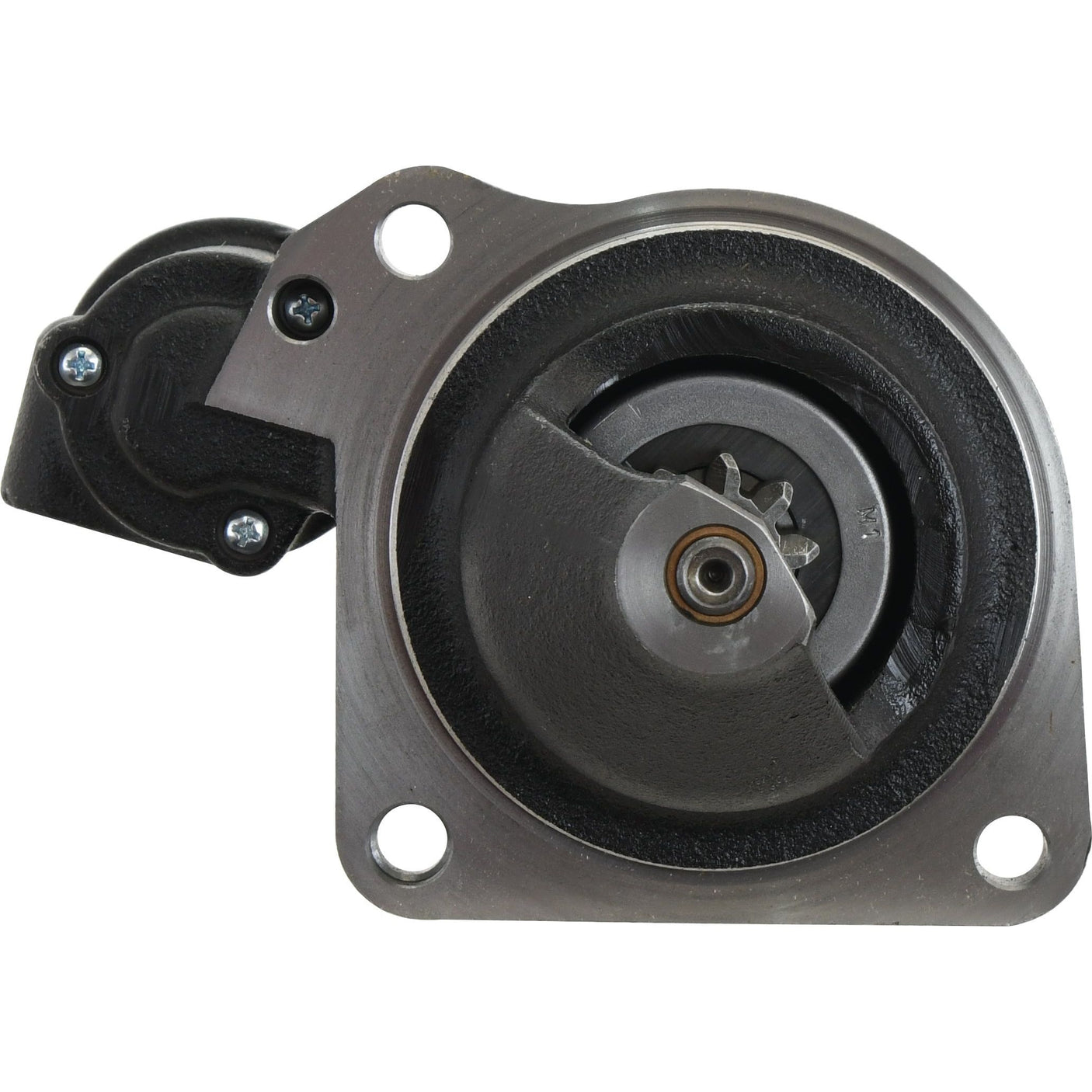 A metallic mechanical part with a circular center and a small gear visible in the middle, featuring bolts and a mounting plate, reminiscent of the Starter Motor - 12V, 2.7Kw (Mahle), Sparex Part No.S.35972 from Sparex.