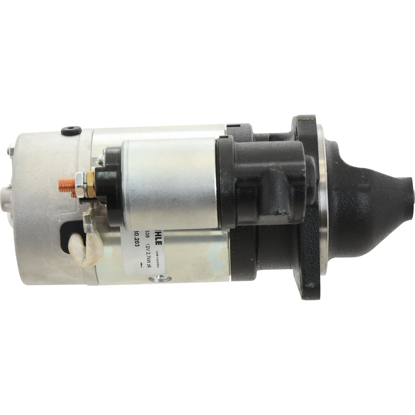 The Starter Motor - 12V, 2.7Kw (Mahle), Sparex Part No. S.35972, is depicted against a white background, highlighting its precision engineering and robust design along with various connectors and components under the renowned Sparex brand name.