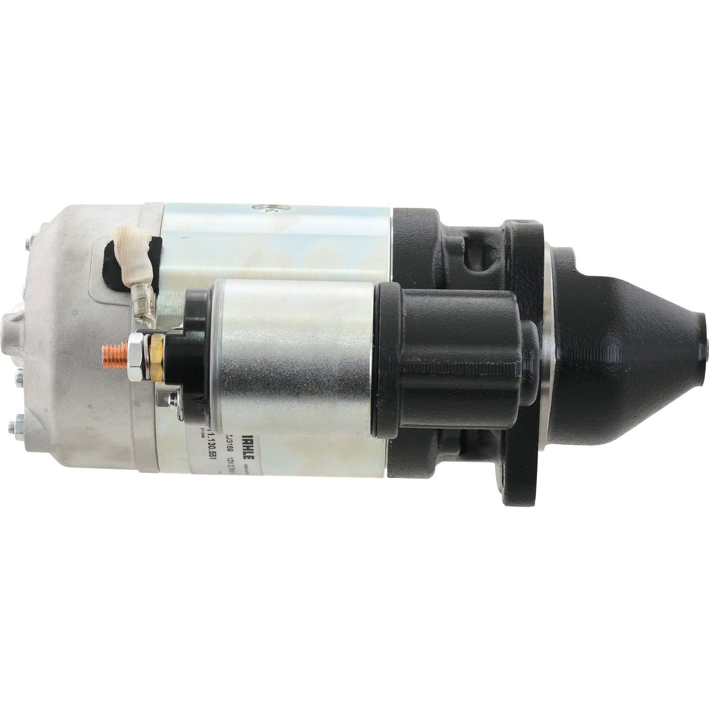 A 12V, 2.7Kw starter motor from Mahle branded by Sparex (Part No. S.359730) with a cylindrical shape and various connectors, positioned horizontally on a white background.