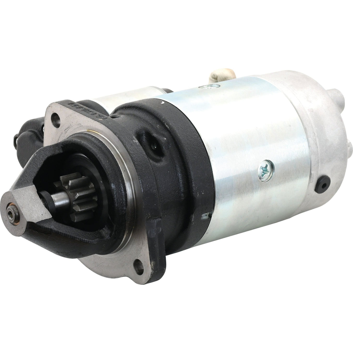 A close-up of the Sparex Starter Motor - 12V, 2.7Kw (Mahle) | Sparex Part No. S.359730, showcasing its cylindrical body, gears, and mounting points. The 12V system is clearly visible in the detailed image.