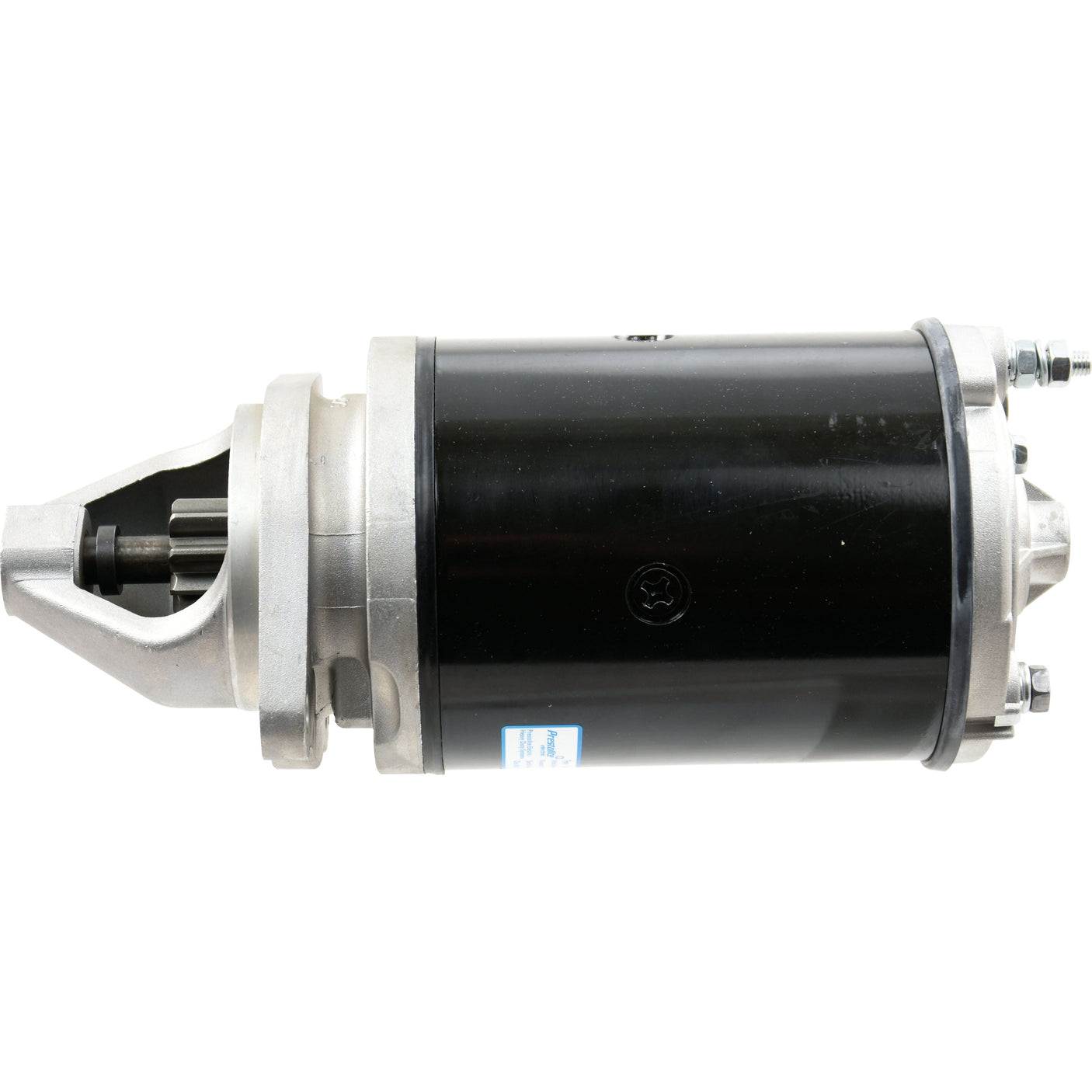 Image of the Starter Motor - 12V, 2.7Kw (Sparex), Sparex Part No.S.359731, featuring a cylindrical metal design with a black casing and silver ends, viewed from the side on a white background. Perfect for Deutz-Fahr machinery.