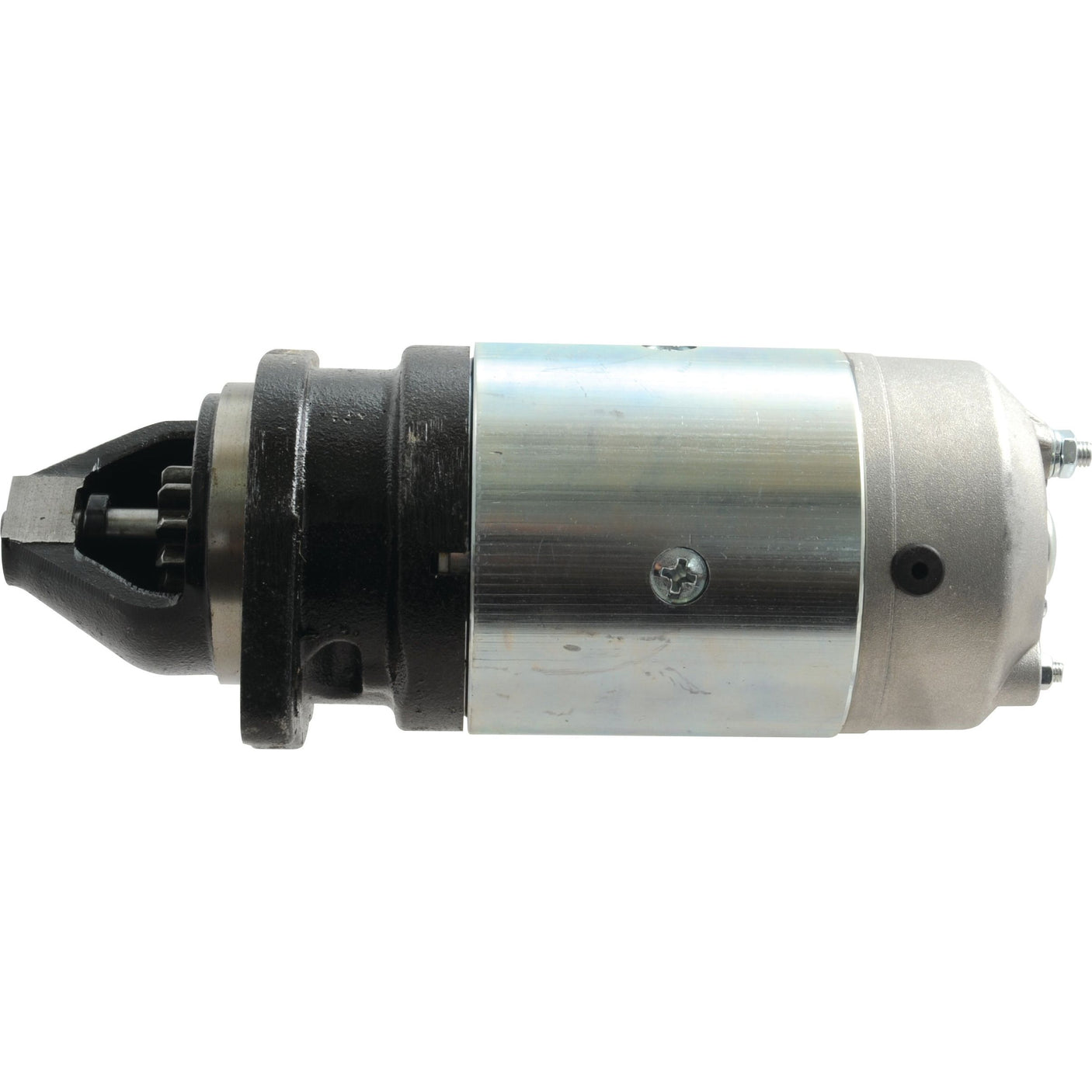 The Sparex Starter Motor - 12V, 2.8Kw (Mahle) [Sparex Part No.S.35976] features a cylindrical metallic body and a black toothed gear at one end, resting horizontally. Renowned for its reliability and performance, this motor is expertly crafted by Mahle.