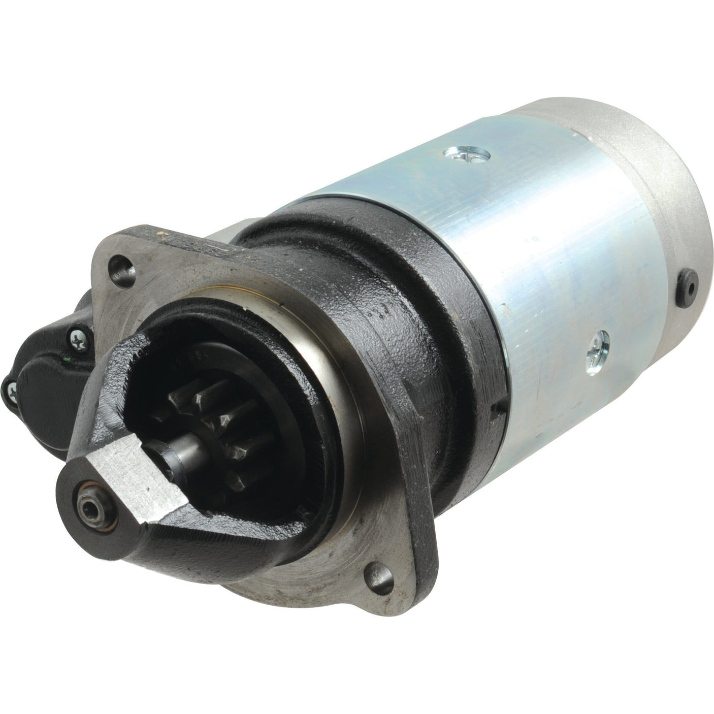 Image of the Sparex Starter Motor - 12V, 2.8Kw (Mahle) | Sparex Part No.S.35976 for a vehicle, featuring a cylindrical design with gear teeth and mounting flanges. This 12V starter motor is built for durability and reliability.