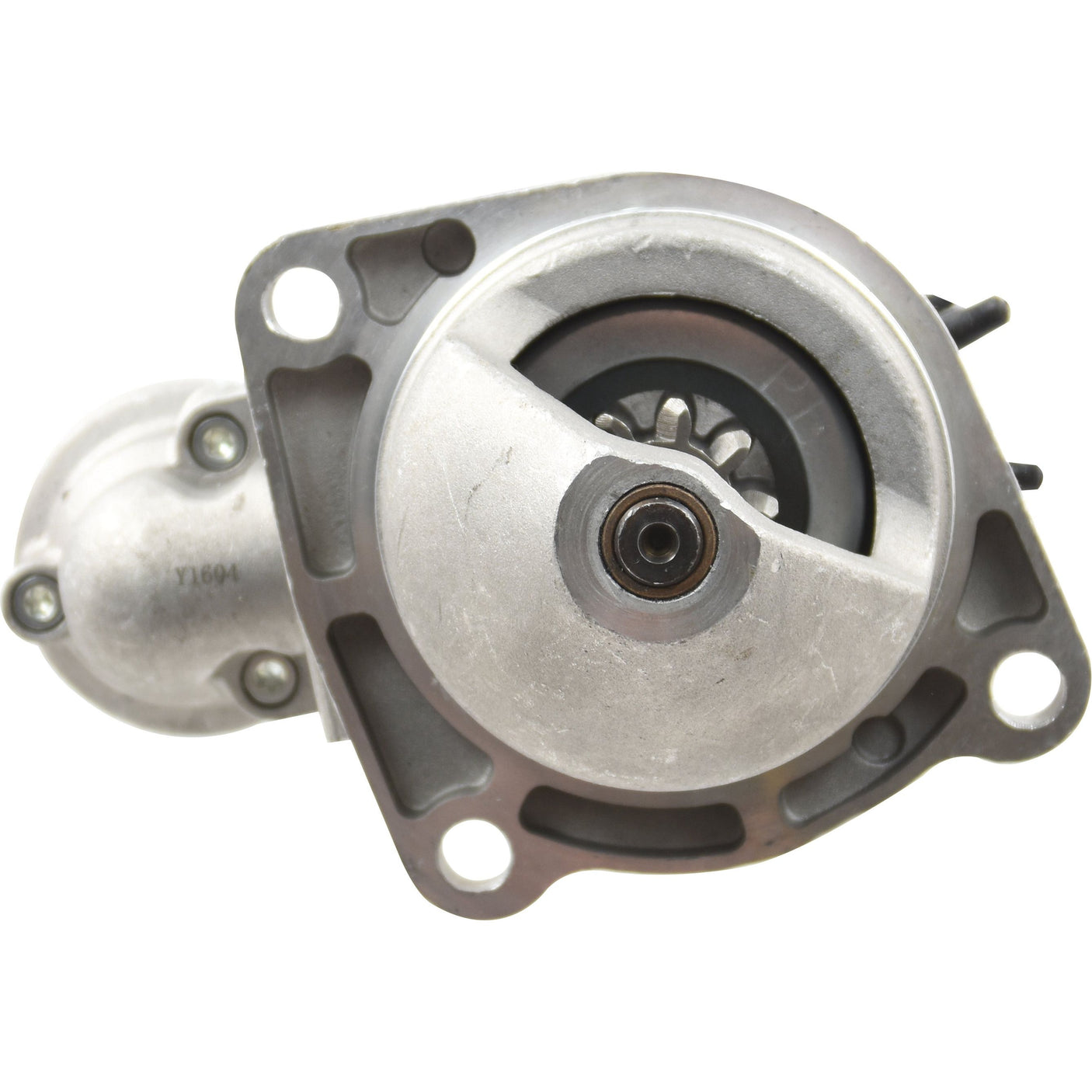 Image of a metallic mechanical component, possibly an automotive part, featuring a cylindrical body with multiple mounting holes and a central gear-like structure, resembling parts found in the Sparex Starter Motor - 12V, 3Kw, Gear Reducted (Sparex Part No.S.359801).