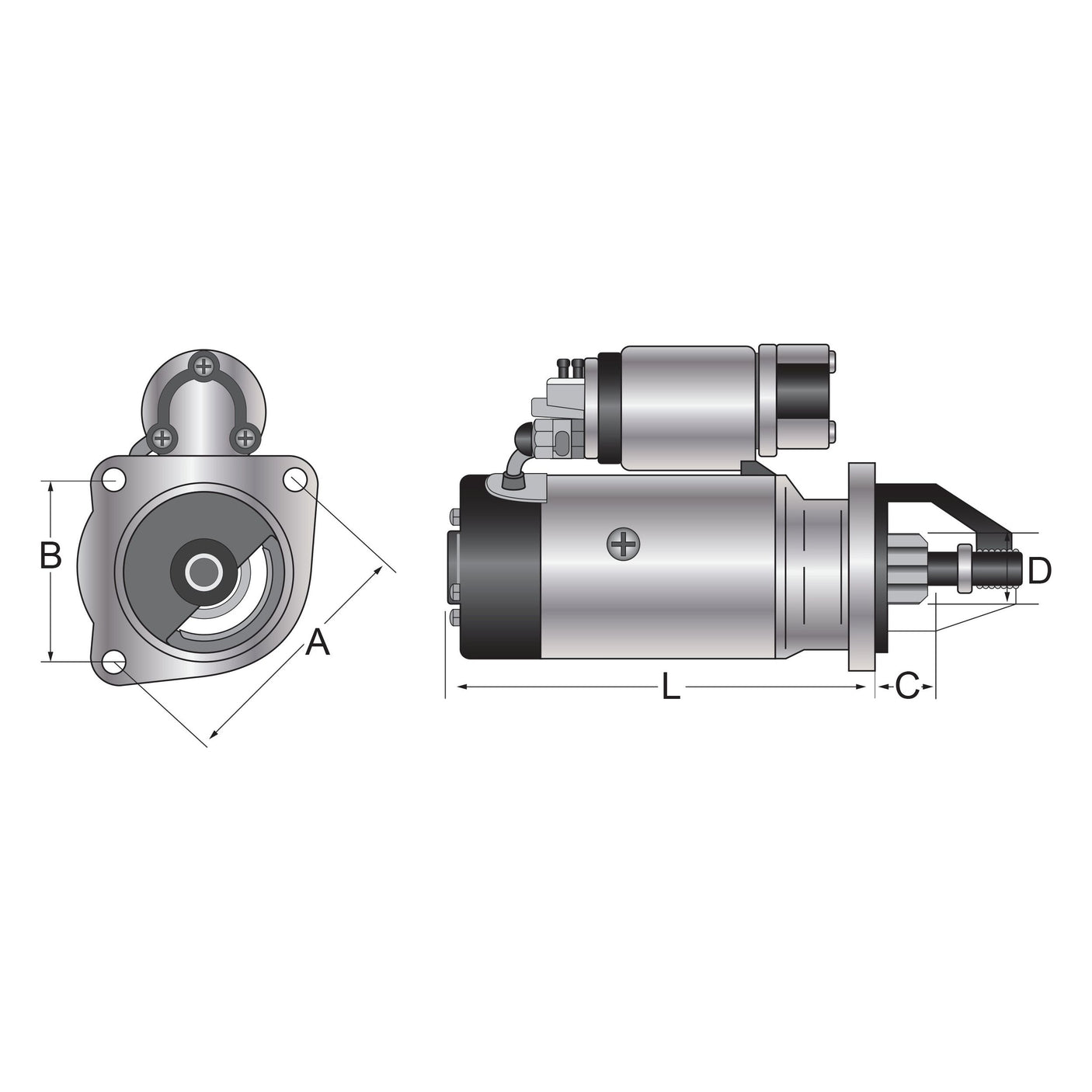 A technical drawing of a mechanical component with side and front views shows dimensions A, B, C, D, and L. The component includes cylindrical and rectangular sections with bolts, resembling the Sparex Starter Motor - 12V, 3Kw, Gear Reduced (Sparex Part No. S.359801).