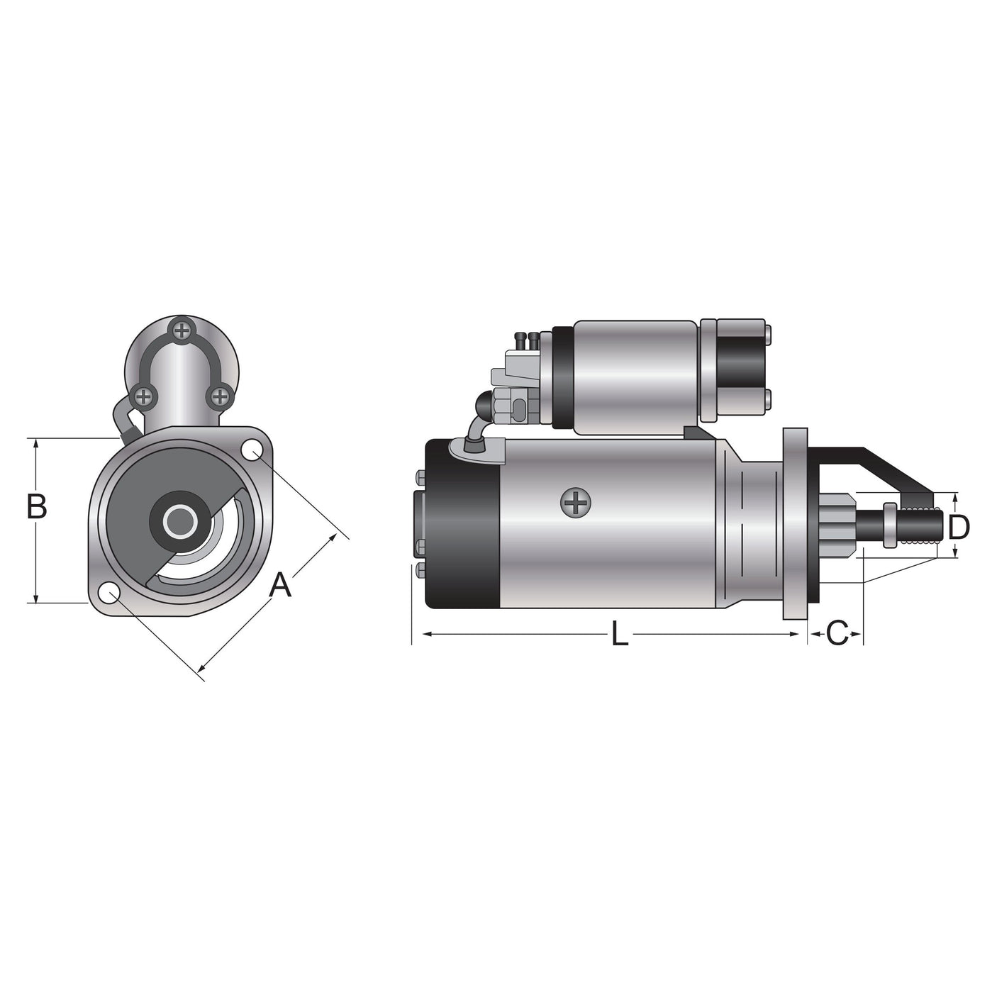 Technical drawing of a mechanical component, such as the Starter Motor - 12V, 2Kw (Sparex) | Sparex Part No. S.359831, with labeled dimensions A, B, C, D, and L. The left view shows a front perspective, while the right view displays a side perspective.