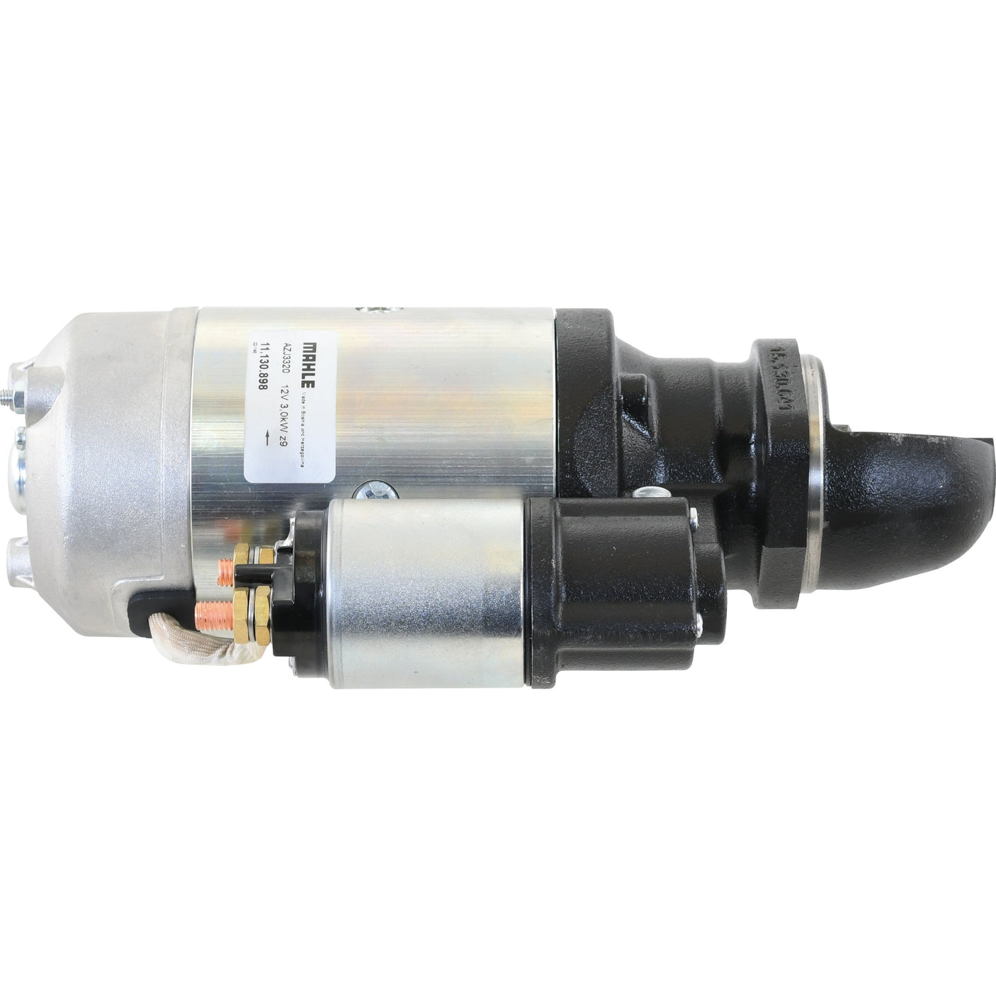 A metallic cylindrical automotive starter motor with black components, including a solenoid attached to the side, 12V Sparex Starter Motor - 3Kw (Mahle), Part No. S.359840.