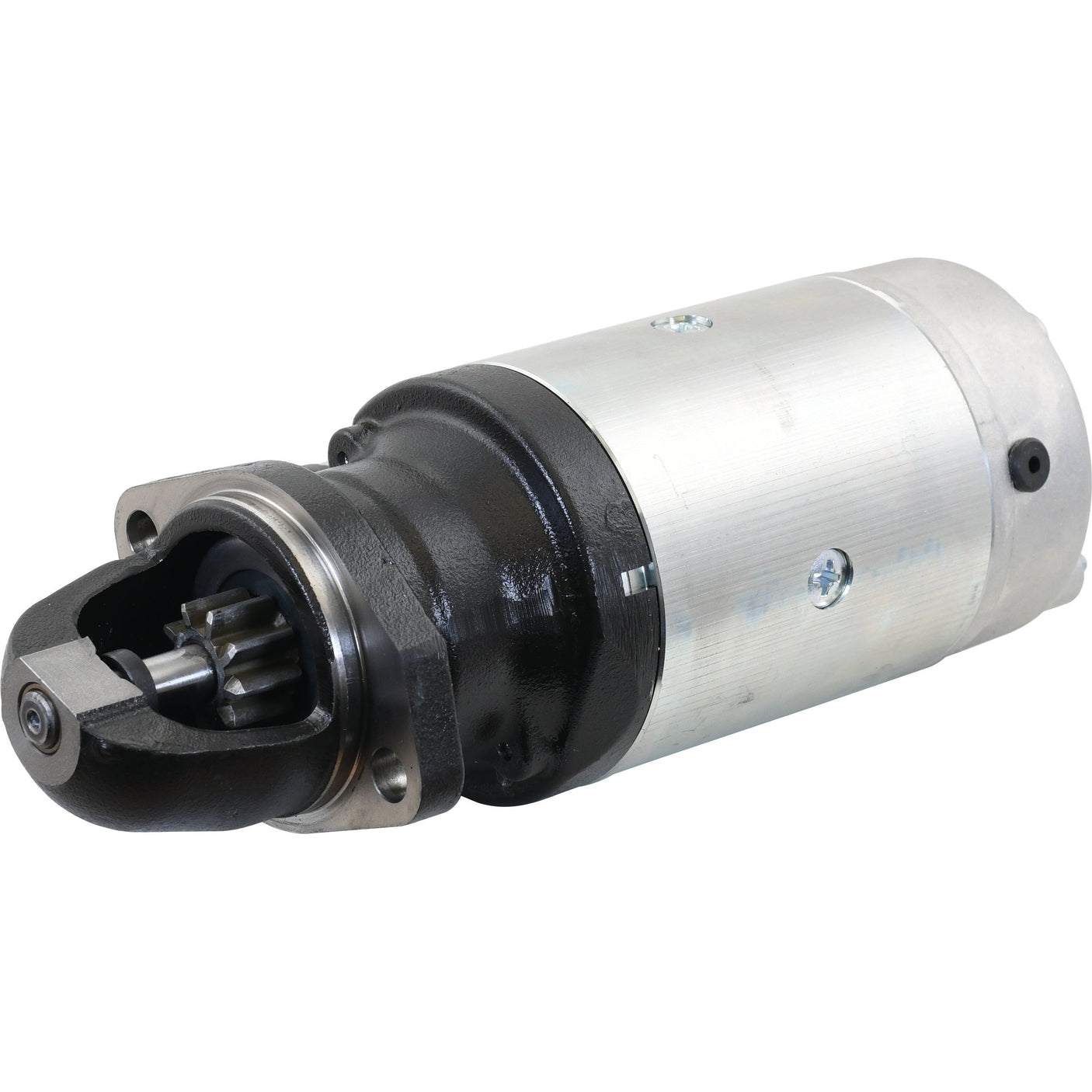 A Sparex Starter Motor - 12V, 3Kw (Mahle) featuring visible gear teeth, a cylindrical shape, and a combination of black and silver colors at the front and center.