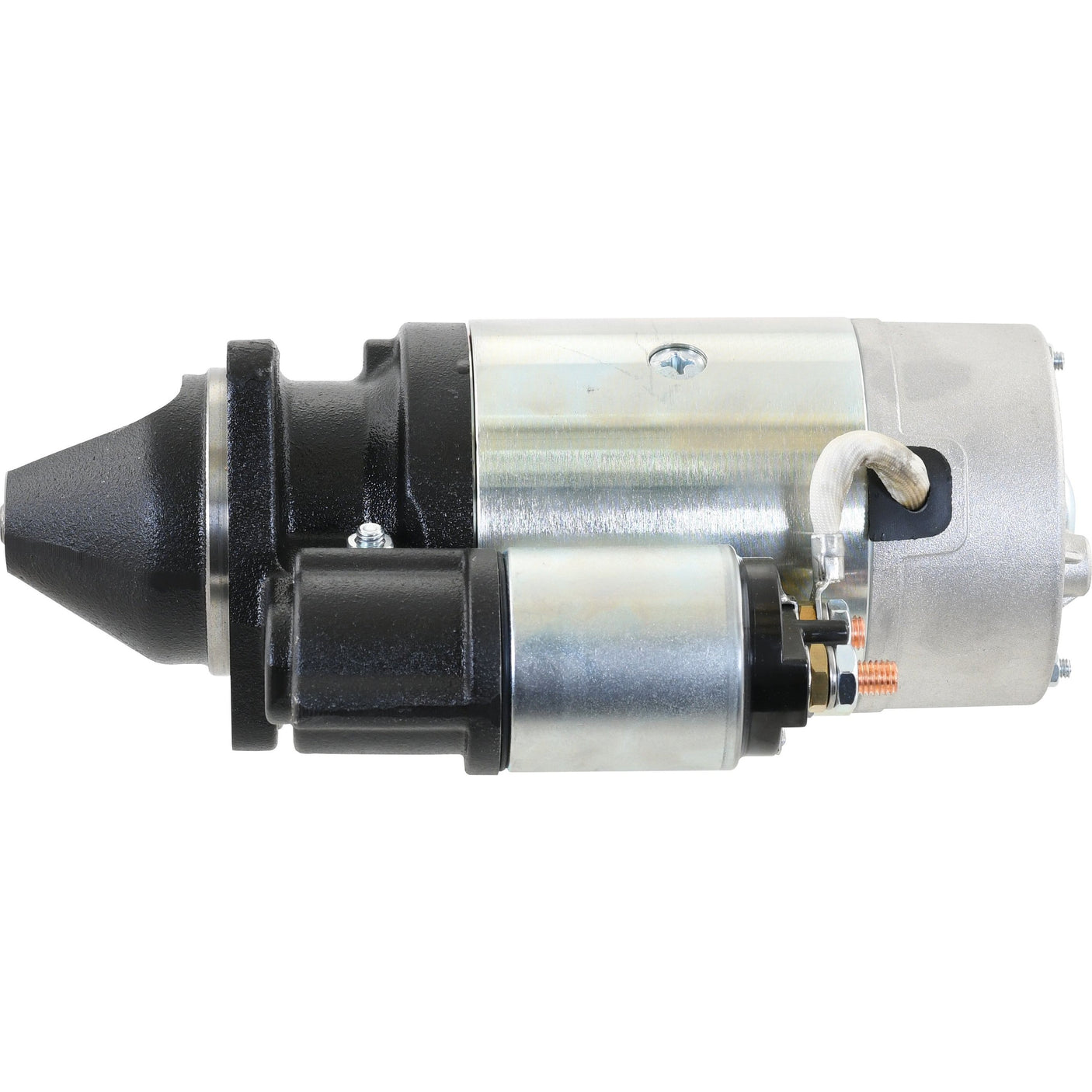 A close-up view of the Sparex Mahle Starter Motor (Part No. S.359870), which is a 12V, 3kW unit featuring a metallic cylindrical body and black plastic components.