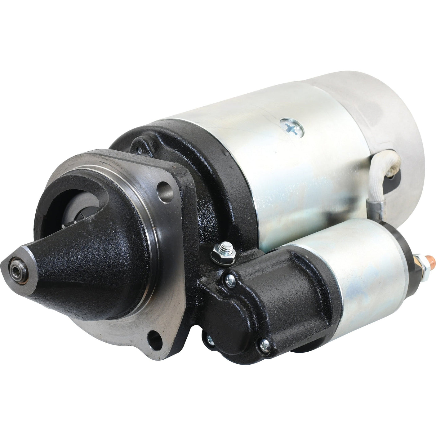 The Sparex Starter Motor - 12V, 3Kw (Mahle) | Sparex Part No.S.359870 is an automotive starter motor with a black and metallic finish, featuring a cone-shaped protrusion, electrical connectors, and a robust 3Kw output.