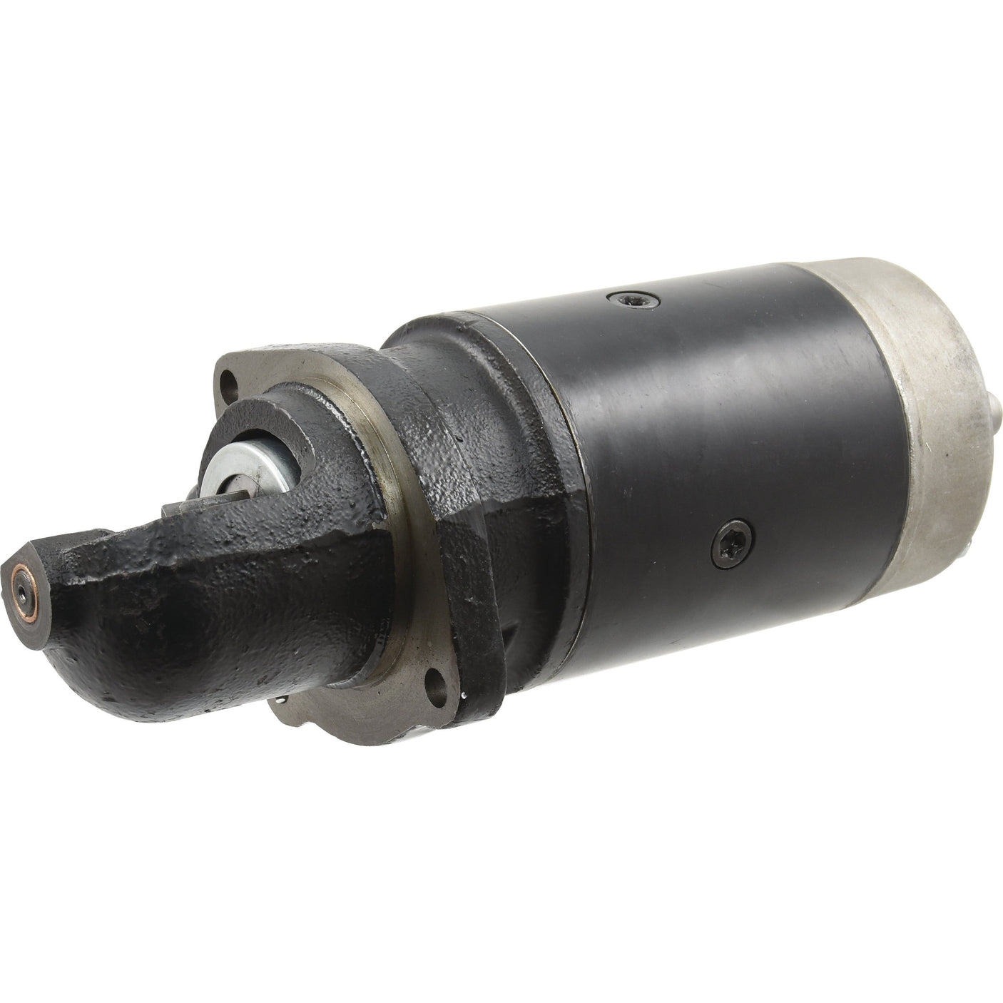 Close-up of a Sparex Starter Motor - 12V, 3.1Kw (Sparex Part No. S.359881) featuring a cylindrical body with black and silver casing and a protruding shaft on one end, similarly designed to the Case IH hydraulic motor.