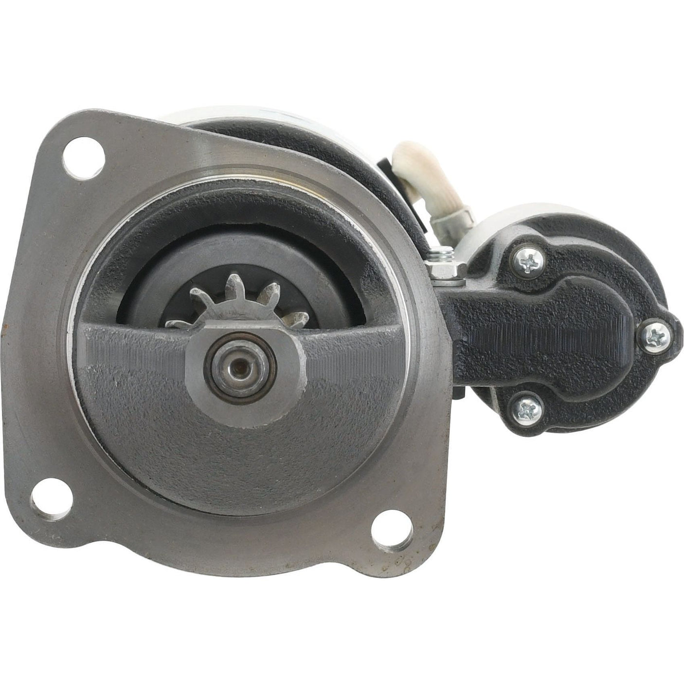 Image of the Sparex Starter Motor - 12V, 3.1Kw (Mahle) | Sparex Part No.S.359890 for a vehicle, displaying its cylindrical shape with mounting holes and the gear mechanism clearly visible from the front.