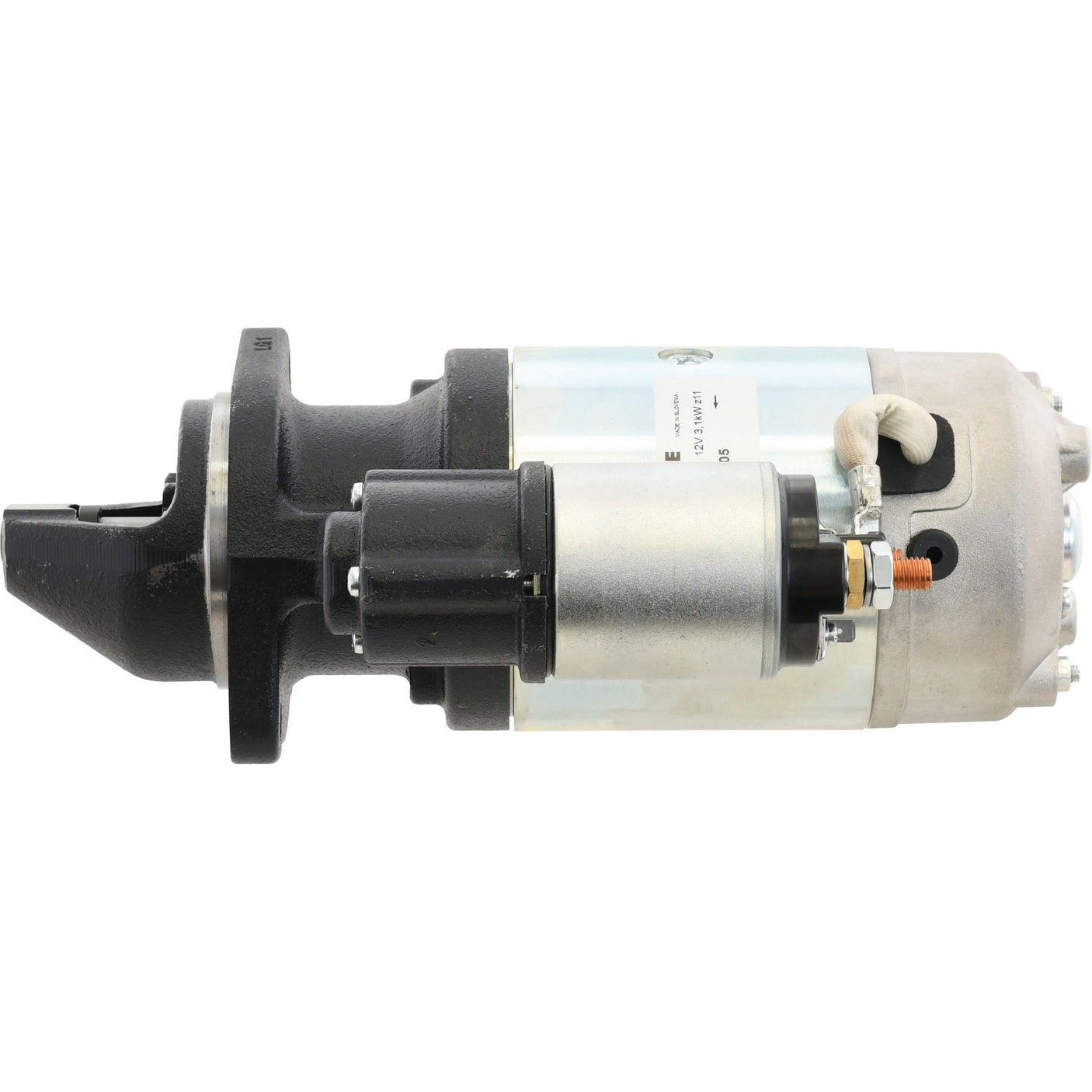 The Sparex Starter Motor - 12V, 3.1Kw (Mahle) | Part No. S.359890, has a black cylindrical body and rectangular components, along with several electrical connections, and is displayed against a white background.