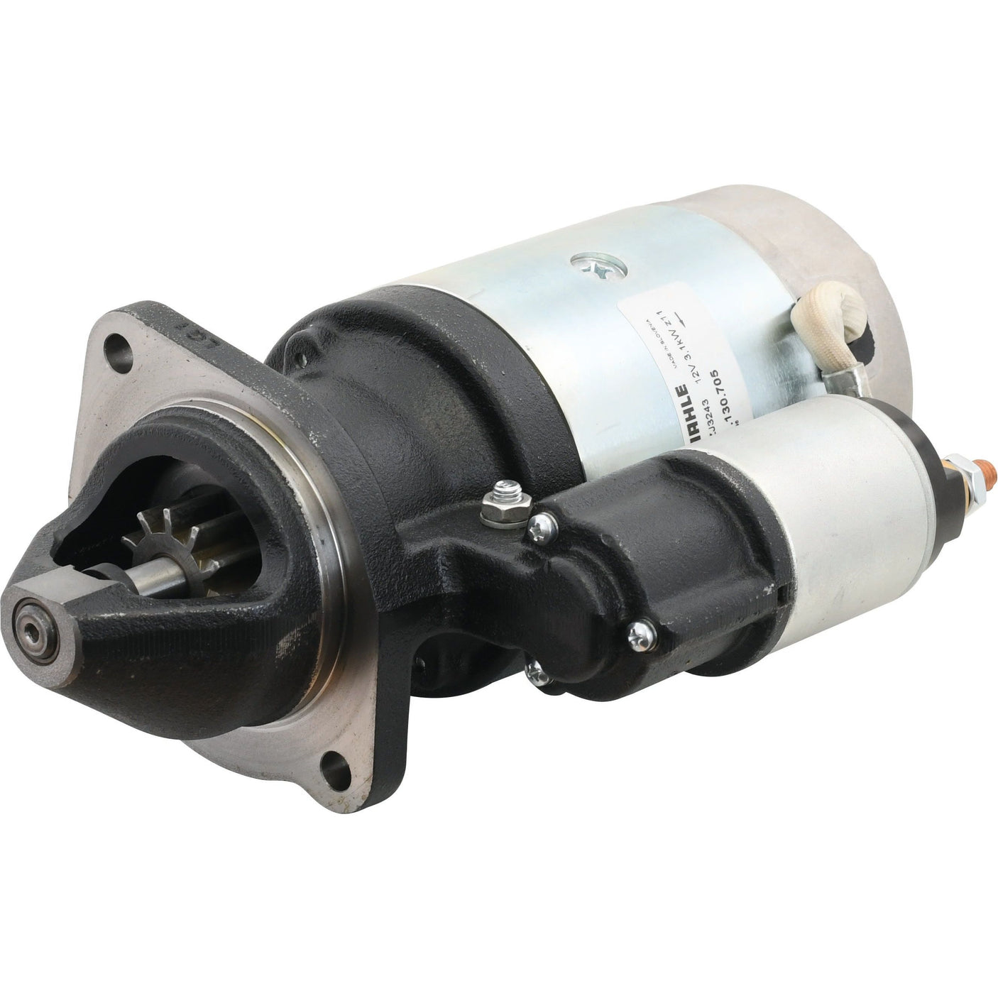 The Sparex Starter Motor - 12V, 3.1Kw (Mahle) | Part No. S.359890 is a black and silver cylindrical motor that includes mounting holes and electrical connections.