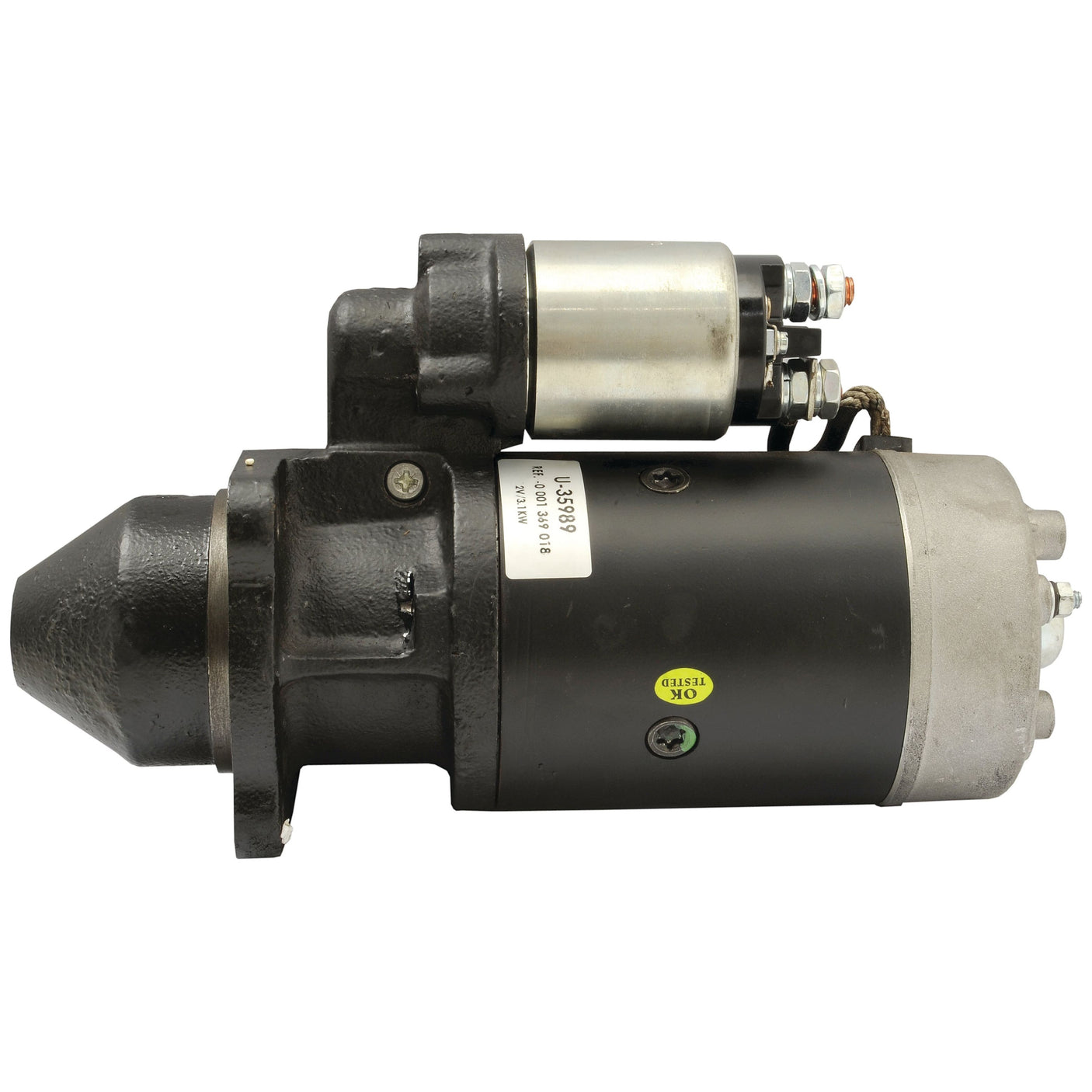 A horizontally oriented, side-view cylindrical black and metallic Starter Motor - 12V, 3.1Kw (Sparex) with an attached solenoid, Sparex Part No.S.359891.