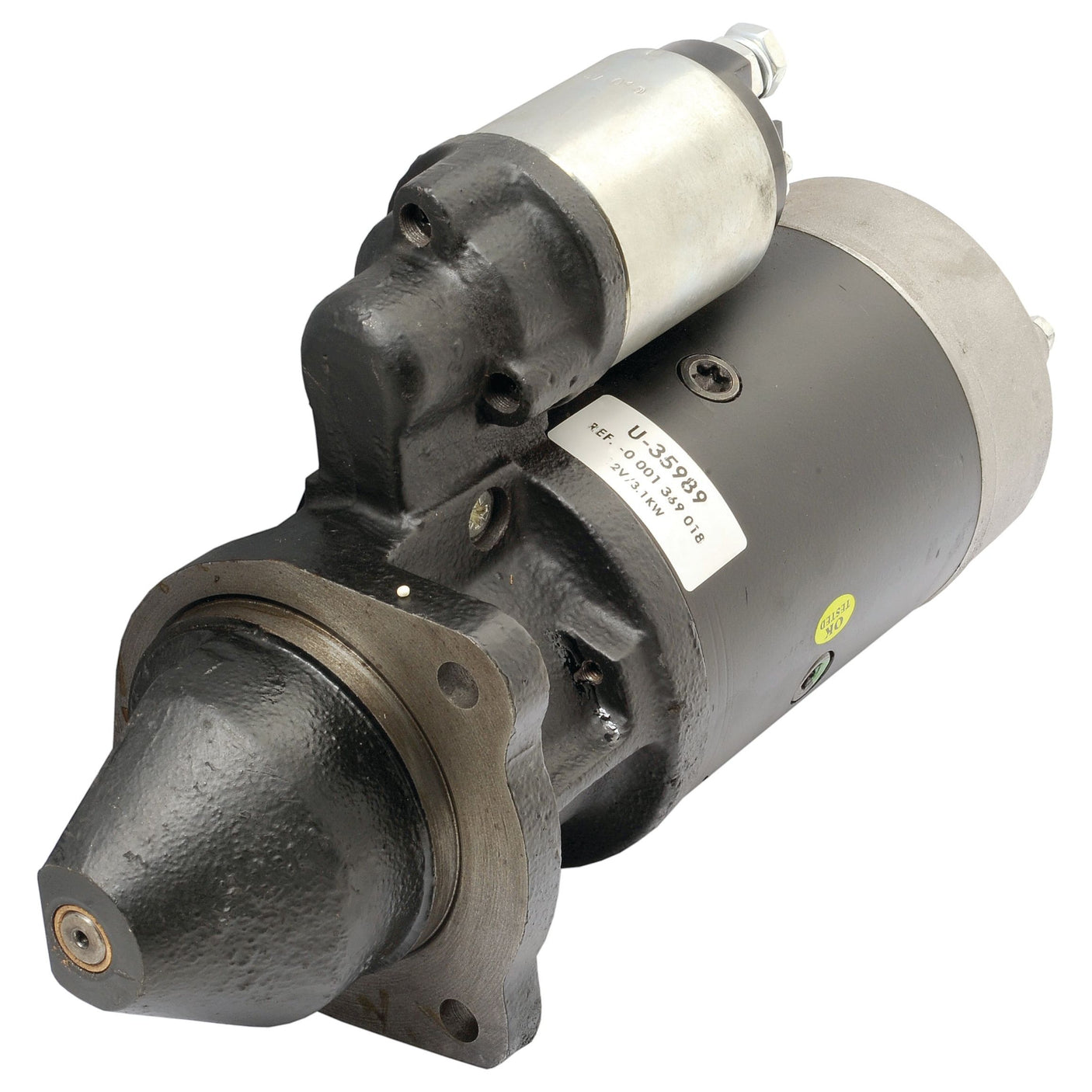 A close-up of the Sparex Starter Motor - 12V, 3.1Kw (Sparex Part No.S.359891) with a metallic finish, featuring an attached solenoid on top and a mounting bracket at the base.