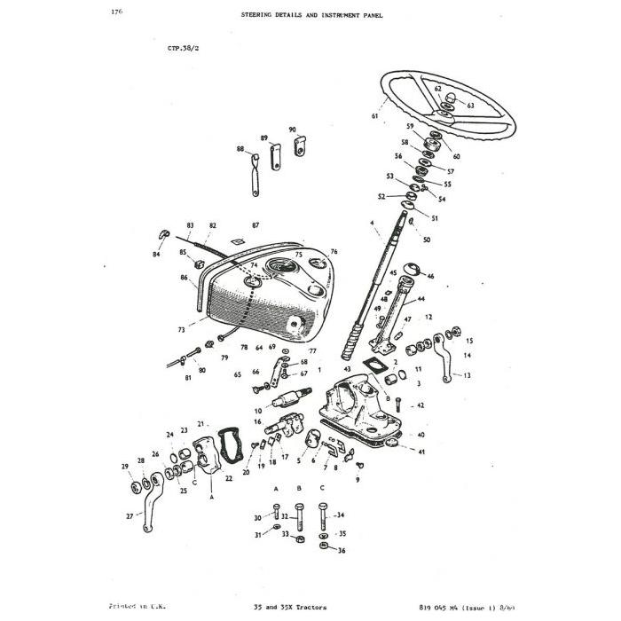Diagram illustrating the components of a Massey Ferguson steering and instrument panel, labeled with numbers for identification. Includes genuine parts such as the steering wheel, gearshift lever, and various screws and bolts. For detailed reference, consult the AGCO Massey Ferguson - 35/35x Parts Manual - 819045M4.