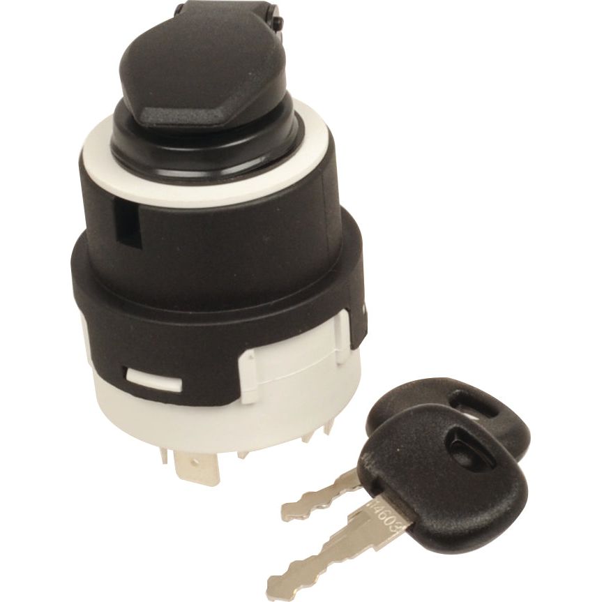 A black and white cylindrical Ignition Switch (Sparex Part No. S.36014) with two inserted keys, perfect for Deutz-Fahr and Case IH machinery.