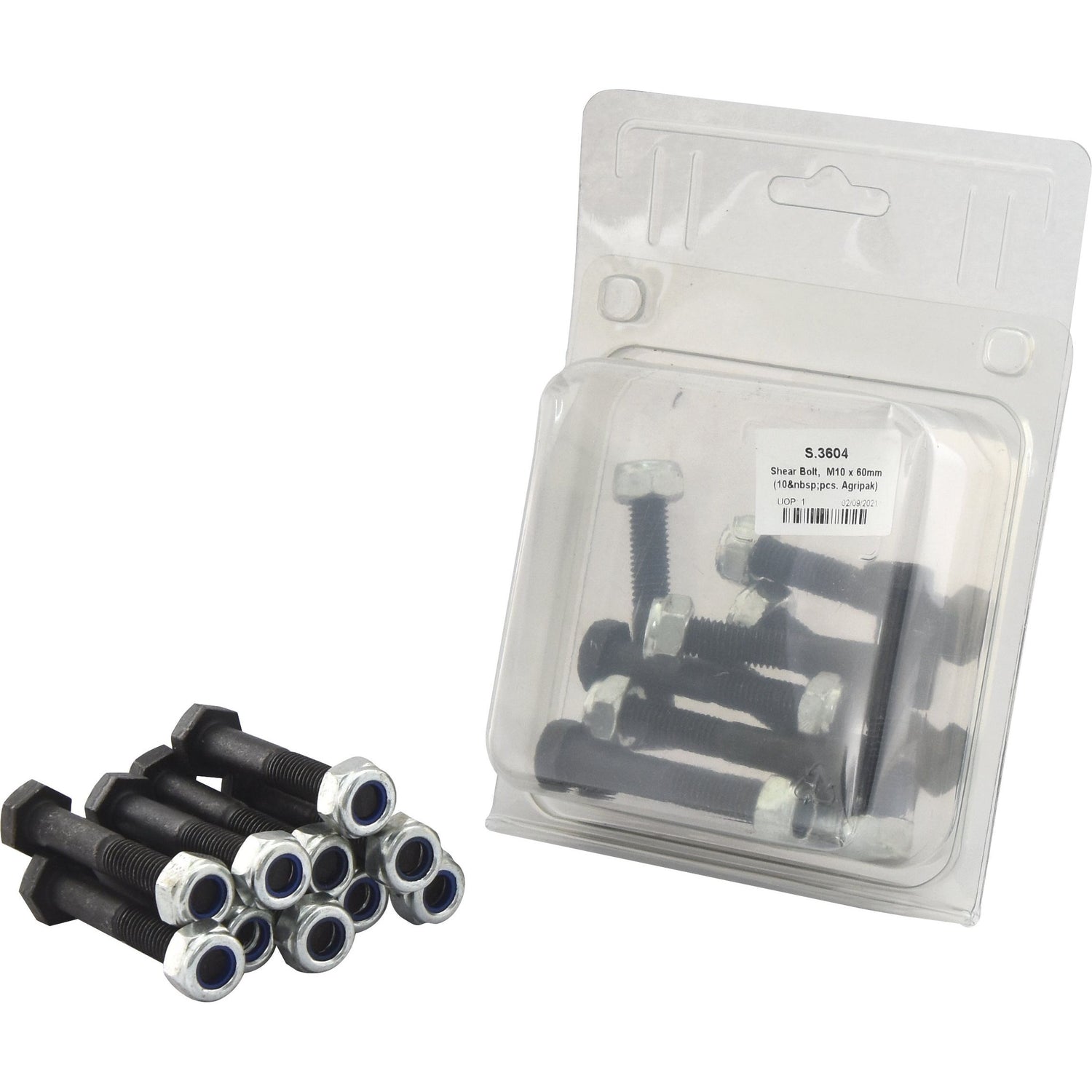 A set of black hex bolts next to a clear plastic package containing additional bolts. Each bolt features a white and blue seal at the end. The package, labeled "Metric Agripak," provides detailed product information and contains "Shear Bolt, M10x60mm (10 pcs. Agripak)" by Sparex, with the part number S.3604.