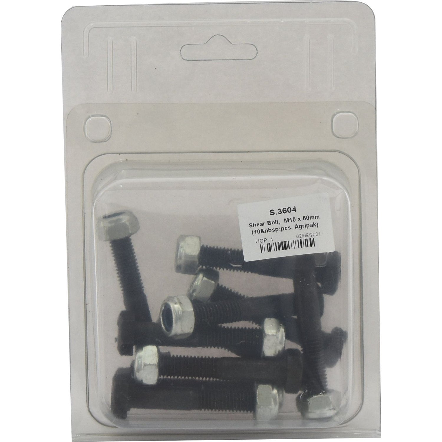 A plastic package labeled "Shear Bolt, M10x60mm (10 pcs. Agripak)," with the Sparex Part No. S.3604, containing multiple steel bolts from the brand Sparex.