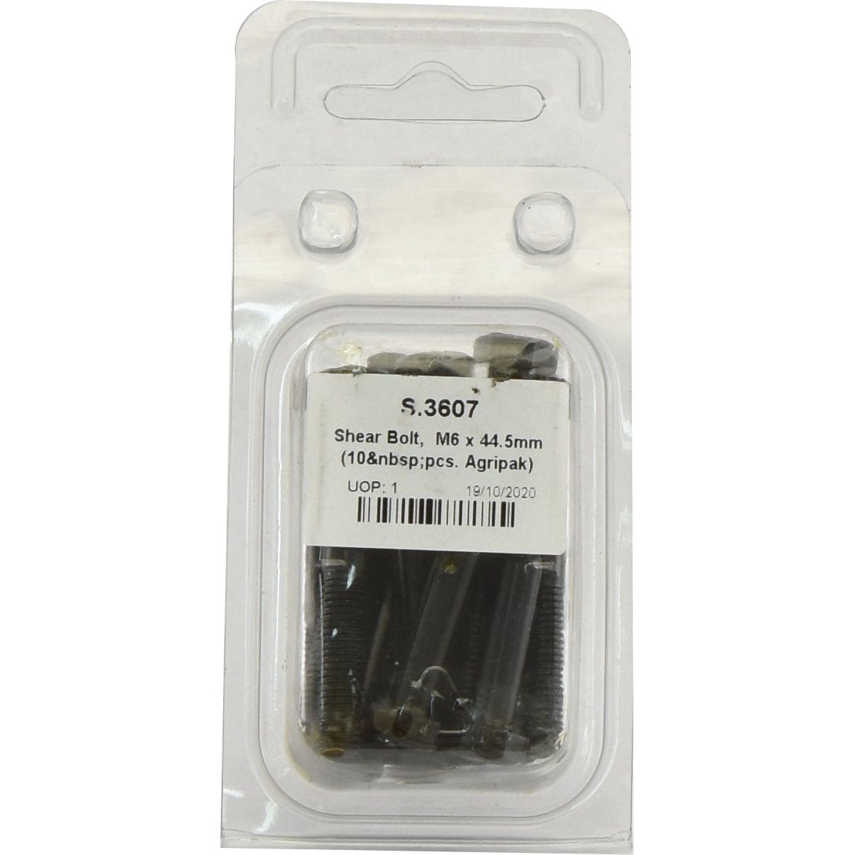 A package of Sparex Shear Bolt - Imperial, labeled with Sparex Part No.S.3607, M6 x 44.5mm, containing 10 pieces. These Ford / New Holland compatible bolts are sealed in clear plastic packaging.